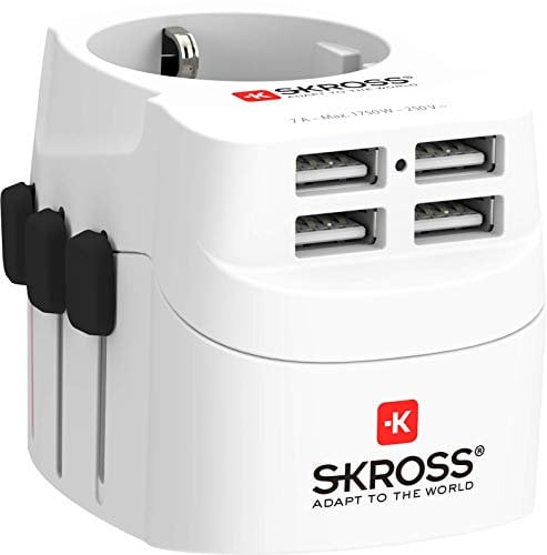 SKROSS | 1.302461 | Pro Light USB (4xA), Adaptateur de Voyage Universel 2 et 3 pôles avec 4 Ports USB de 4,8 A. Tension et Puissance : 100V – 700W/250V – 1750W. Convient pour PC et sèche-Cheveux