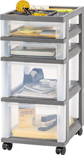 IRIS USA Kunststoff-Schubladen-Organizer, Rollwagen, mit Rollen, 4 Schubladen, für Klassenzimmer, Kunsthandwerk, Kommode, Schrank, Badezimmer, Schlafsaal, Schlafzimmer, Waschküche, grau/transparent
