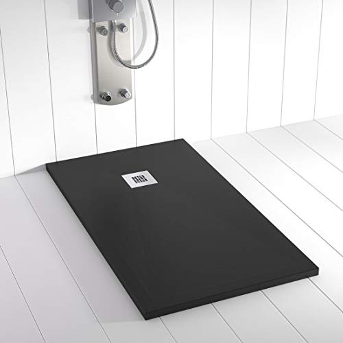 Plato de ducha resina PLES desagüe centrado color Negro 130x80 textura pizarra antideslizante rejilla inox con válvula
