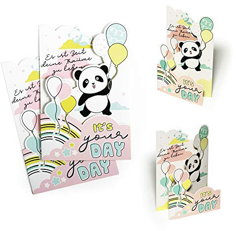Geburtstagskarte (2 Stk) mit Panda und Luftballons | Karte Geburtstag für Kinder und Junggebliebene | Grußkarte, Glückwunschkarte, Gutschein, 3D Effekt, X007