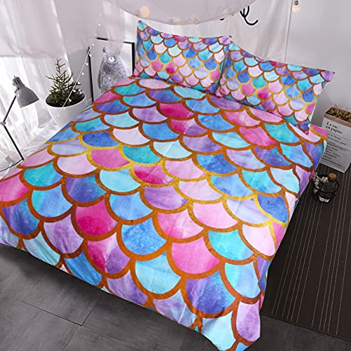 BlessLiving Mermaid Scale Bedding Girly 3D Fish Scale Duvet Cover 3 Piece Cute Mermaid Bed Set Kids Teens Girls Pastel Pink Purple Teal Gold Glitter Quilt Cover and Pillow Cases (Single)
