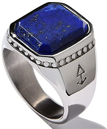 Rock and Steel Herren Ring Siegelring mit Lapis Lazuli Stein, Edelstahl (Silber, 63 (20.1 mm))