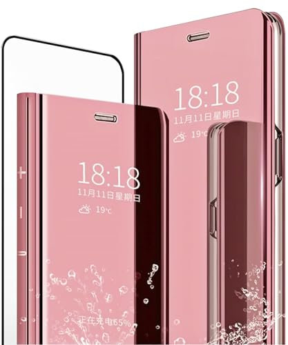 MLOTECH Coque pour Samsung Galaxy A12,étui+ Verre trempé Film Protecteur Flip Clear View Translucide Miroir Cover Standing 360°Housse Antichoc Smart Cover Bumper Or Rose
