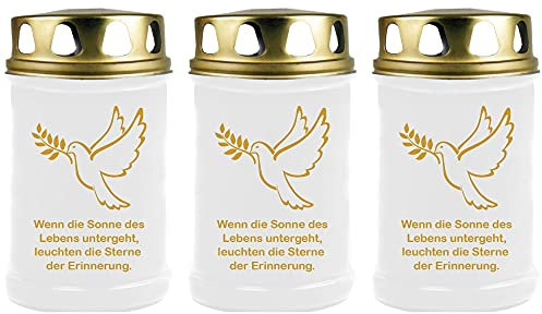 HS Candle Grabkerze Grablicht - 3er Pack - (Taube Gold) - ca 40h Brenndauer je Kerze (14,5cm, Ø 7cm) - viele Verschiedene Designs