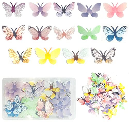 VEGCOO 72 adornos comestibles de mariposa para cupcakes, decoraciones coloridas para tartas de mariposas con caja de almacenamiento para cupcakes familiares, tartas de boda, fiesta de cumpleaños