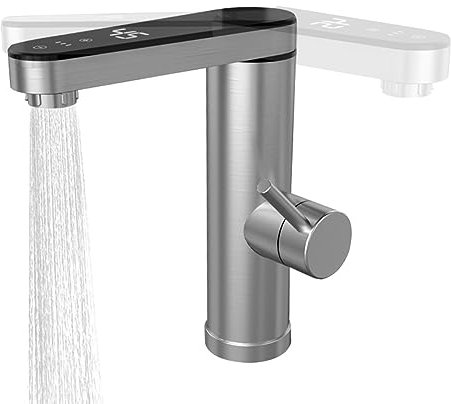 HMAKGG Elektrische Wasserhahn mit Durchlauferhitzer, Küchenarmatur 120° Drehbar, 3400W Wasserhahn Edelstahl Gebürstet Bad Einhebel-Warmwasserbereiter LED Temperaturanzeige für Küchenspüle