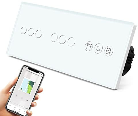 BSEED Interrupteur Tactile Wi-Fi Intelligent 3 Gang 1 Way avec Interupteur Volet Roulant, Interrupteur Mural en Verre, Compatible avec Alexa/Google, Blanc