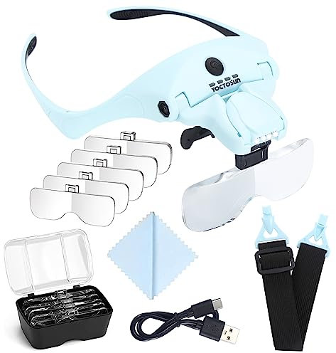 YOCTOSUN Magnifying Glasses with Light for Close Work, Head Magnifier with 4 LED Lights and 5 Detachable Lenses 1X to 3.5X,Rechargeable Hands Free Headband Magnifier Glasses for Crafts, Hobby