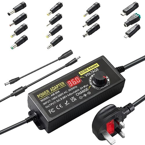 108W Adjustable Power Supply Adapter 9V~36V 3A, Universal AC100V-240V to DC 9V-36V Adapter, DC 9V 12V 15V 18V 20V 24V,25V,30V,36V,100V-240V AC to DC Converter with 14 Tips & Polarity Cable