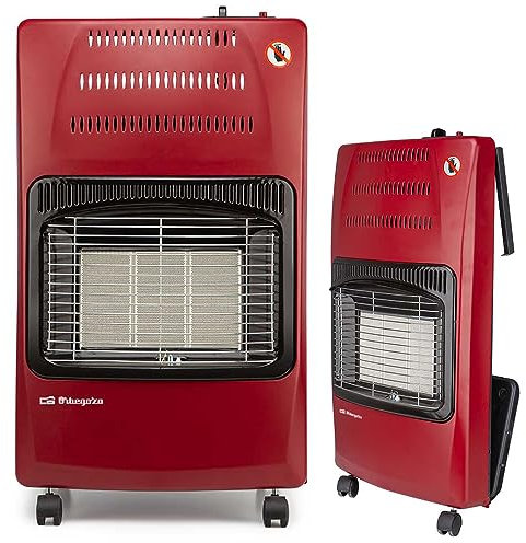 Poêle à gaz pliable HCE62-4200W. Classe énergétique A. Triple système de sécurité, 42 x 74 x 35 cm, rouge