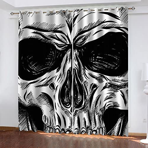 Verdunkelungsvorhang Mit Ösen - Blickdichte Gardinen Wohnzimmer Schlafzimmer Kinderzimmer Vorhänge, 3D Schwarz-Weißer Totenkopf Muster Fensterdekoration Für Mädchen Junge 160X200cm(HXB) 2Er Set