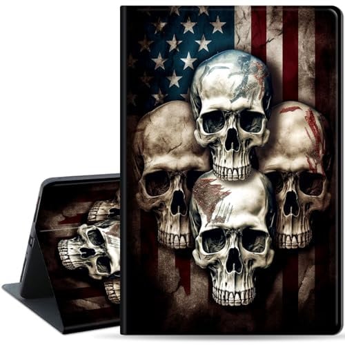 Case for iPad 10.2 Inch 2021/2020 iPad 9th/8th Generation & 2019 iPad 7th Generation, Multiple Angle, PU Leather Slim Folio Stand Stand Cover with Auto Wake/Sleep, American Flag Skulls