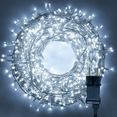 serie stringa catena luminosa di luci 500 LED per albero di Natale da Esterno natalizie ed Interno controller con 8 giochi di luce e Memoria cavo trasparente (LUCE BIANCA FREDDA, 25 metri)