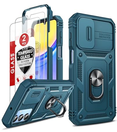 LeYi Cover per Samsung Galaxy A15 5G con Vetro Temperato [2 Pack],Custodia Samsung A 15 con Protezione Fotocamera [Slidable] Antiurto Grado Militare 360° Anello Supporto TPU Bumper Custodie Blu