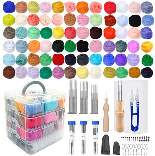Nadelfilz Set,72 Farben Filzwolle Roving, Filzset für Anfänger mit Filznadeln,Filzmatte,Grundlegende Werkzeuge und Zubehör,Filzwolle Set für Anfänger DIY Filz Tier Handwerk Hand Spinnen Nadel Filzen