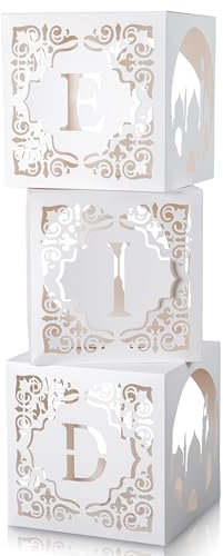 EFenegabos Eid Mubarak Dekoration Box- 3 Stück Ramadan Weiße Hohle 3D Boxen, Aid Mubarak Ramadan Kareem DIY Handwerk Mond Moschee Muster Box Party Deko für Muslim Islamischen