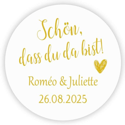 MameArt 50stk Aufkleber Personalisiert Schön DASS du da bist, 4cm Etikett für Hochzeit Gastgeschenk Taufe Kommunion Feste Geschenke Präsente (Gold 1)