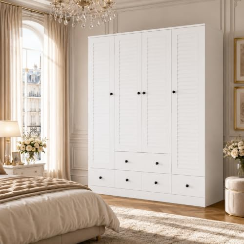 DEZAGCE Armario con 5 cajones, armario con estantes, armario con percheros, armario de dormitorio, armario con 4 puertas, 150 x 48 x 180 cm, MDF, color blanco