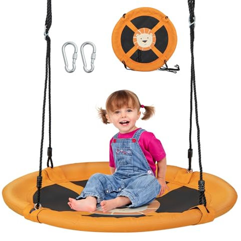 COSTWAY Columpio Infantil Nidoφ102cm, Columpio Jardin Exterior con Cuerdas Ajustables y Mosquetones, Columpio Redondo para Niños 3+ Años(Amarillo)