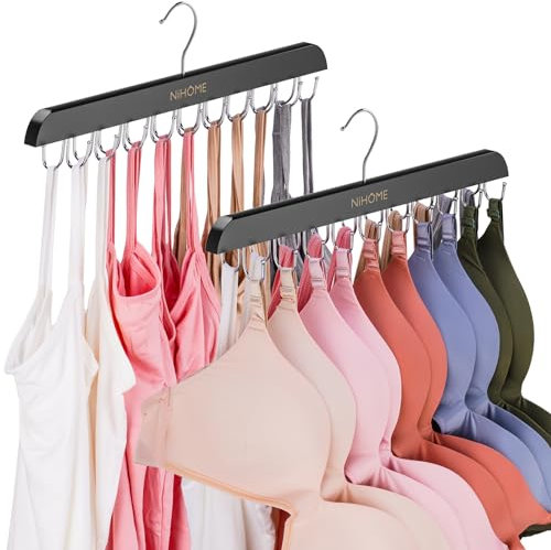 NiHome BH Organizer mit Doppelreihen-Drehhaken, 20 Edelstahlhaken, Platzsparender Kleiderbügel für Lingerie, Schals, Krawatten & Accessoires, Passt in Standardkleiderschränke (Schwarz, 2 Stück)