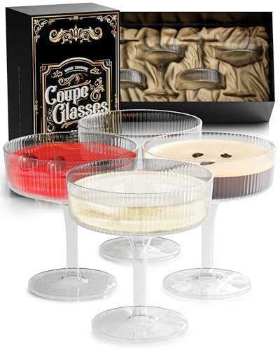 ARTDECRYSTAL Champagne Coupe Glasses Set of 4 - Expresso Espresso Martini Glasses, Ribbed Coupe Cocktail Glasses, Vintage, Crystal