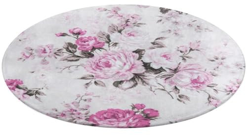 Runder Teppich, Shabby-Chic-Stil, Pfingstrosen, rutschfest, saugfähig, waschbar, Badvorleger, Duschvorleger, Schlafzimmerteppich, Bodenmatte, Waschtisch, 61 x 61 cm