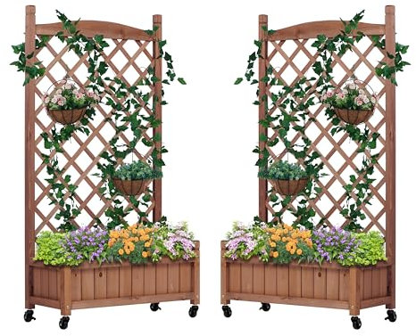Cama de jardín elevada con trellies, paquete de 2, caja para macetas de madera para exteriores y soporte para plantas con estantes de escalada