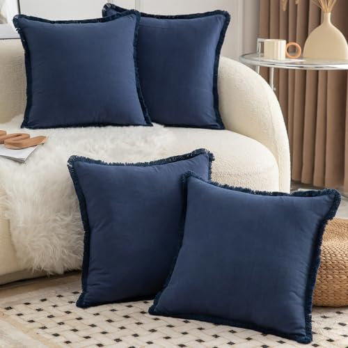 Mandioo 4er Set Neutralen Baumwolle Kissenbezug 45x45cm Herbst Quasten Dekorative Kissenbezüge Boho Sofakissen Dekokissen Kissenhülle für Couch Sofa Schlafzimmer Wohnzimmer Marineblau