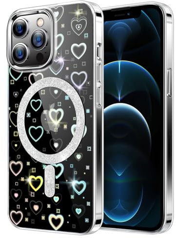 DEVASO Magnetisch Hülle für iPhone 12 Pro Max Kompatibel mit MagSafe, Farbverlauf Glitzer Herz Muster Transparent Handyhülle, Durchsichtige Flash Hologramm Kratzfest Schutzhülle für Mädchen Frauen