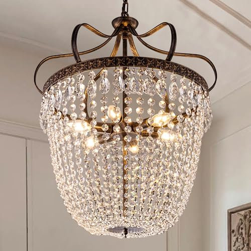 TOCHIC Vintage Kristall Kronleuchter 53cm 6-Licht Pendelleuchte Antik Bronze mit Glas Kristallen Kristallleuchter Esstisch Landhaus Hängeleuchte Lüster Wohnzimmer Deckenleuchte Hängend Lampe Groß