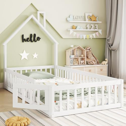 MQLAE Bodenbett 90x200 mit Rausfallschutz, Kleinkindbetten Kinderbett 90x200 mit Tür für Jungen & Mädchen, Kinder Bett aus Kiefer für Kinderzimmer, Hausbett, Bett in Weiß, Ohne Matratze