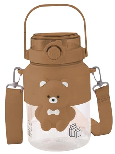 AOpghY Botella de Agua de Oso 3D con Paja y Correa, Botella de Agua Linda de 1000 ml/35 oz, Botella de Agua Kawaii a Prueba de Fugas con Pegatinas, café Accesorios para Actividades al Aire Libre