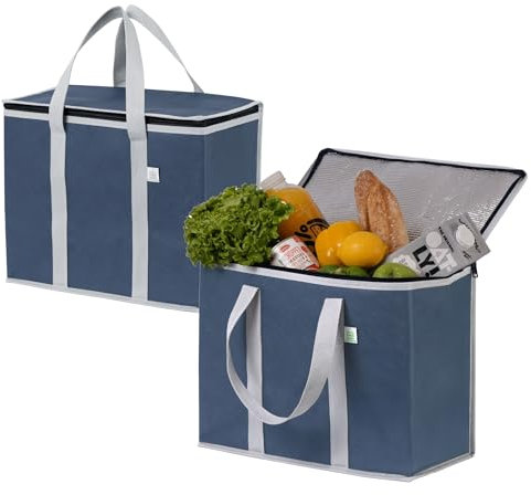 VENO 2 Pz. Borsa termica riutilizzabile, borsa frigo grande con coperchio, manici durevoli, cerniere doppie, borsa spesa resta in piedi, pieghevole borsa porta pranzo (Blu Scuro, 2 Pz.)