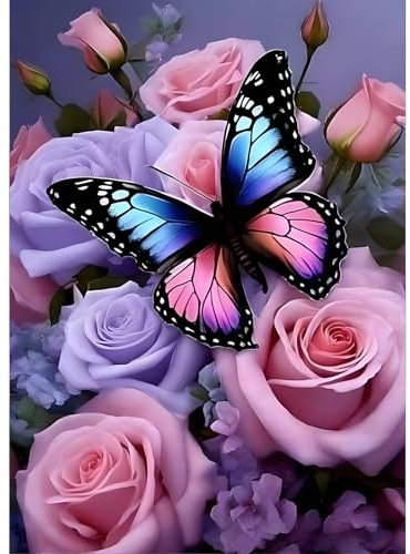 GDYEEH 5D Fleurs de Roses Peinture Diamant Painting Kit, DIY Papillon Art du Diamant Complet Kits, Fantaisie Diamond Art Strass Point de Croix Painting pour Adultes Débutants Maison Décor 30X40cm