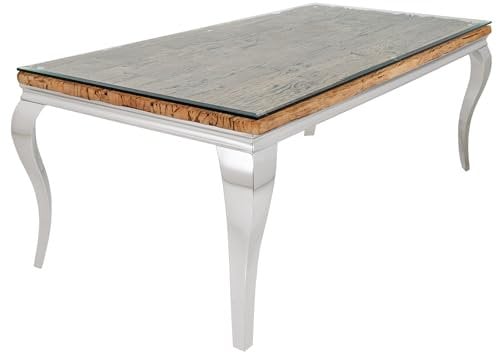Riess Ambiente Design Esstisch MODERN BAROCK - 200cm - Natur Chrom - Teakholz mit Edelstahl Beinen und Glasplatte