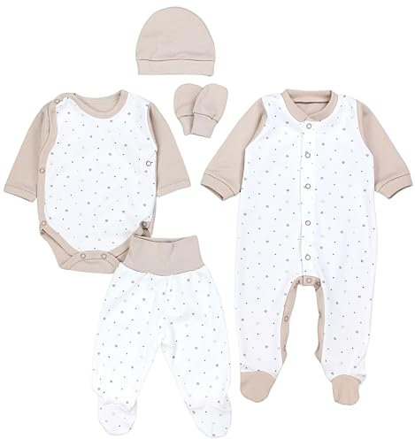 TupTam Baby Kleidung Set Jungen Langarm Bekleidung Neugeborene Füßlingen Hose Body Strampler Mütze 5 tlg, Farbe: Sternchen Schwarz Beige Ecru, Größe: 56