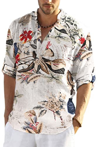 COOFANDY Men's Linen Henley Shirt Cotton Summer Long Sleeve Hippie Casual Beach T Shirts A-Khaki Floral XXL