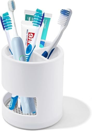White Toothbrush Holder with Drainage, Plastic Ventilated Toothbrush Stand, Kids Toothbrush Caddy Toothpaste Pot, Draining Storage Organizer for Bathroom Kitchen Countertop Utensil Cosmetics