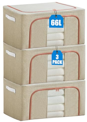 KXF Clothes Wardrobe Storage Organiser Boxes 3 Packs 66L Waterproof Stackable Foldable Oxford Cloth Steel Frame Closet Clothing Storage Bag Clear Window & Carry Handles for Clothes Bedding Blankets