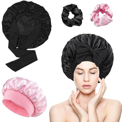 vaolmlop 2 pezzi Cuffia Seta Capelli Notte,Silk Bonnet,Con Nastri Regolabili,Berretto Da Notte Raso Elastico Per Dormire Cappello Da Notte Per Donna Berretto Da Notte Raso(Nero+Rosa)