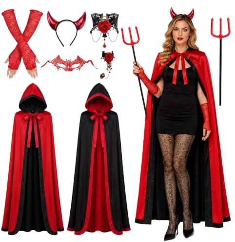 BITOYO Vampir Kostüm Damen, Beidseitiger Umhang Kapuze mit Dreizack, Spinnennetz Strümpfen, Fledermaus Maske, Handschuhen, Vintage Halskette und Armband, Damen Kostüm für Karneval, Party Cosplay