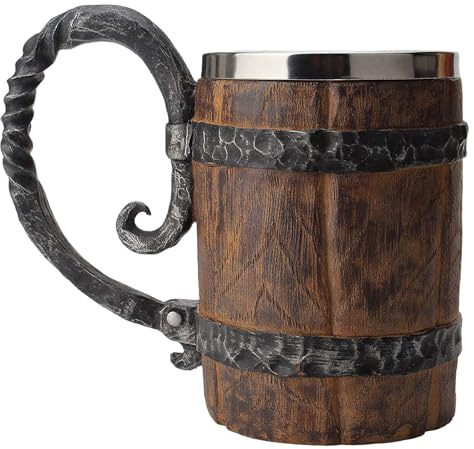 YOUOIVIA Wooden Barrel Beer Mug Handmade Wood Bucket Heavy Mug with Handle