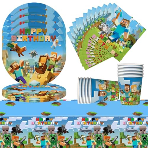 Gsnoniwi Set di 61 stoviglie per feste di compleanno per bambini con tovaglia, piatti di carta, tovaglioli, stoviglie per feste di compleanno per 20 ospiti, tema classico