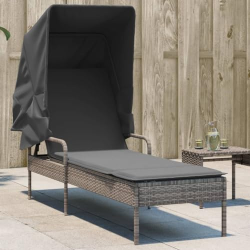 HaoChrymec Sonnenliege mit Dach, Grau, PE-Rattan, Verstellbare Rückenlehne, Ausziehbares Sonnendach, Outdoor Liege, Gartenmöbel Set, 62x200x130 cm