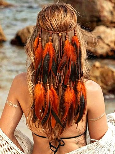 Fashband Indisches Feder-Stirnband, Boho-Quaste, Hippie-Stil, Tribal-Kopfschmuck, Festival, Haarschmuck für Damen (Orange, Einheitsgröße)