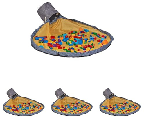 Relaxdays Aufräumsack mit Spieldecke, Spielzeug Aufbewahrung, Kinder, aufgeräumtes Kinderzimmer, HxD 30x32 cm, grau-gelb (Packung mit 4)