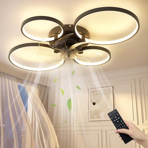 NIORSUN 78CM Deckenleuchte mit Ventilator, leise, Schwarz, Deckenventilator mit Beleuchtung, App und Fernbedienung; dimmbar, LED, für Wohn-, Schlaf- und Esszimmer, 6-Gang, Timer