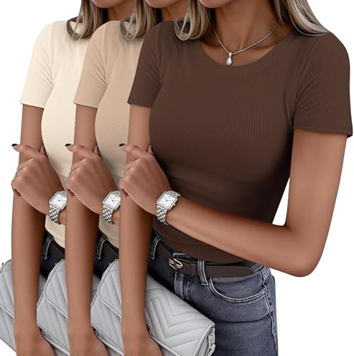 Ekouaer 1 och 3-pack ribbade t-shirts för kvinnor, XS–XXL | Rund hals, smal passform, stretchpassform, basics; perfekt för daglig användning, streetwear, lounge, kontor, sport, lagerbas
