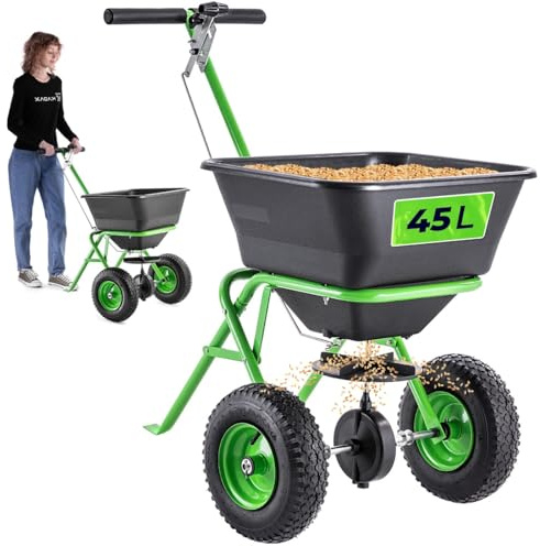 KADAX Streuwagen 45L mit Rädern, Düngerstreuer für Rasensamen, Rasendünger, Rasenkalk & Streusalz, Salzstreuer, Samenstreuer für Rasenpflege & Winterdienst