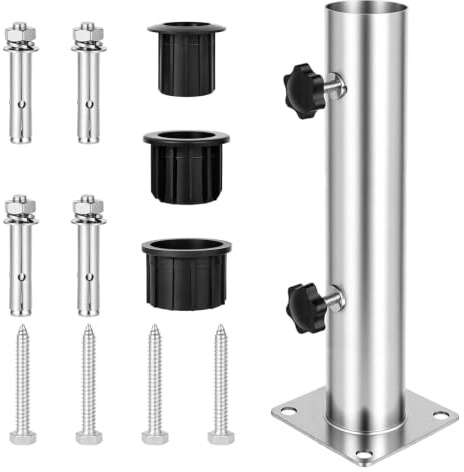 Sonnenschirmständer, Boden Standrohr Ersatz mit 3 PVC Reduzierringen 32/38/48 mm, Stabiler Sonnenschirm Halter mit 8 Stahlnägeln, Bodenhülse für Sonnenschirm, Garten Terrasse Balkon Pool